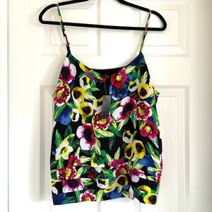 Attention‎ Floral Print Cami Tank Top Ruffled Sleeveless Blouse Colorful XL